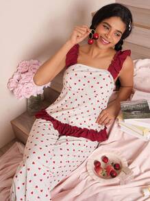 Damen Herzdruck Kontrast Farbe Rüschen Saum Spaghetti Träger Jumpsuit Schlafanzug Set