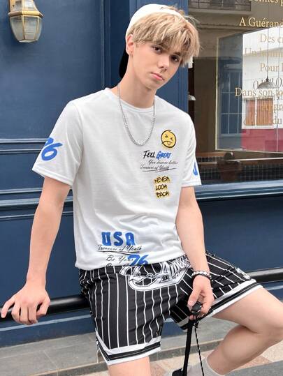 SHEIN Leap Crew 青少年男孩休閒塗鴉英文字母和微笑臉白色短袖T恤，適用於春夏，家居/日常穿著，簡約休閒街頭時尚