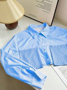 SHEIN Unity Casual Striped Patchwork 3D Pocket Button-Down Long Sleeve Shirt Fall Cloth For Women - Baby Blue - View 1