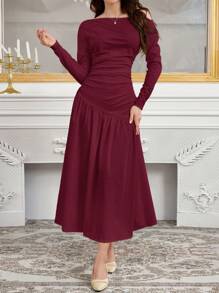 Modelyn 女士优雅魅力斜肩针织编织伞形下摆时尚连衣裙长款晚礼服 - 紅色 - 查看 8