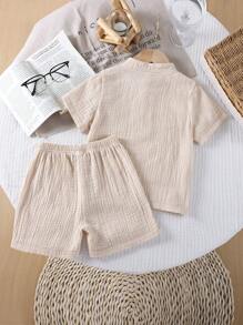 2 Pieces Set Young Boy Casual Collared Short Sleeve Henley Shirt And Shorts, Suitable For Daily Wear, Vacation And Multiple Occasions, Spring/Summer