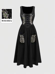 ROMWE Renaissance Gothic Dark Style Snake Skin Embroidery Medieval Vintage Midi Dress For Women - Black - View 5