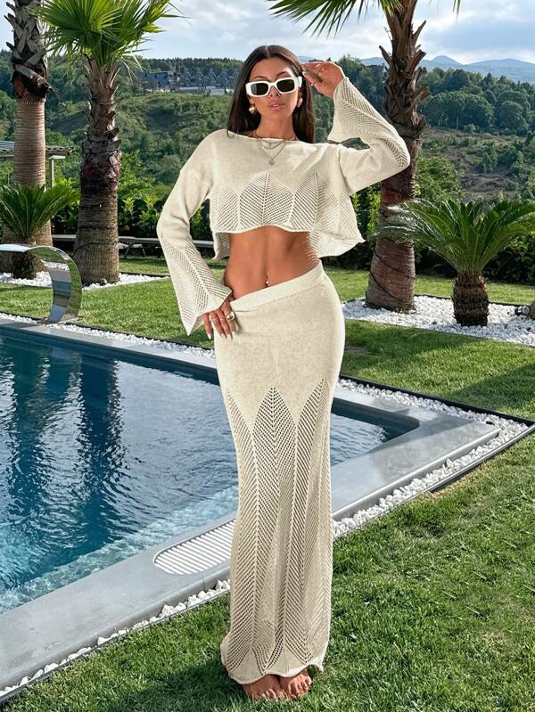 EURMUSE 2pcs Solid Color Hollow Out Knitted Cover-Up Set For Beach Summer Vacation