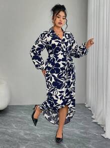 Modelyn Plus Size Elegant Floral All Over Print Lantern Sleeve Tie Wrap Dress - Navy Blue - View 2