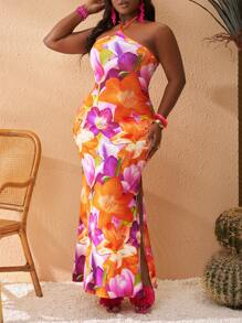 Slaydiva Plus Size Women's Resort Halter Neck Vibrant Print Form-Fitting Dress, Suitable For Beach Vacation - Multicolor - View 4