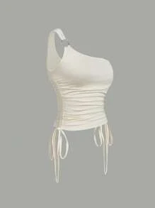 SHEIN MOD 金属光泽不对称领口上衣，侧边抽绳设计，方领，性感蕾丝，外出穿着，露肩，露背，透视，紧身女装 - 杏色 - 查看 2