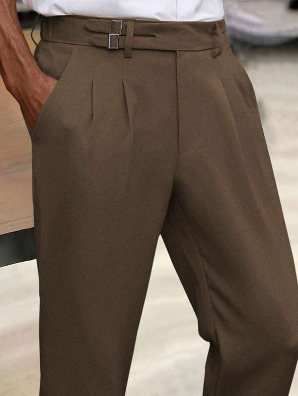 Manfinity Mode Men's Solid Color Pleated Straight Loose Casual Suit Pants