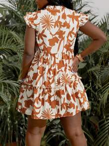 Slaydiva 新款春夏休闲度假小立领+V领飞褶盖袖多层蛋糕裙下摆杏色底橙花迷你裙女迷你连衣裙-M