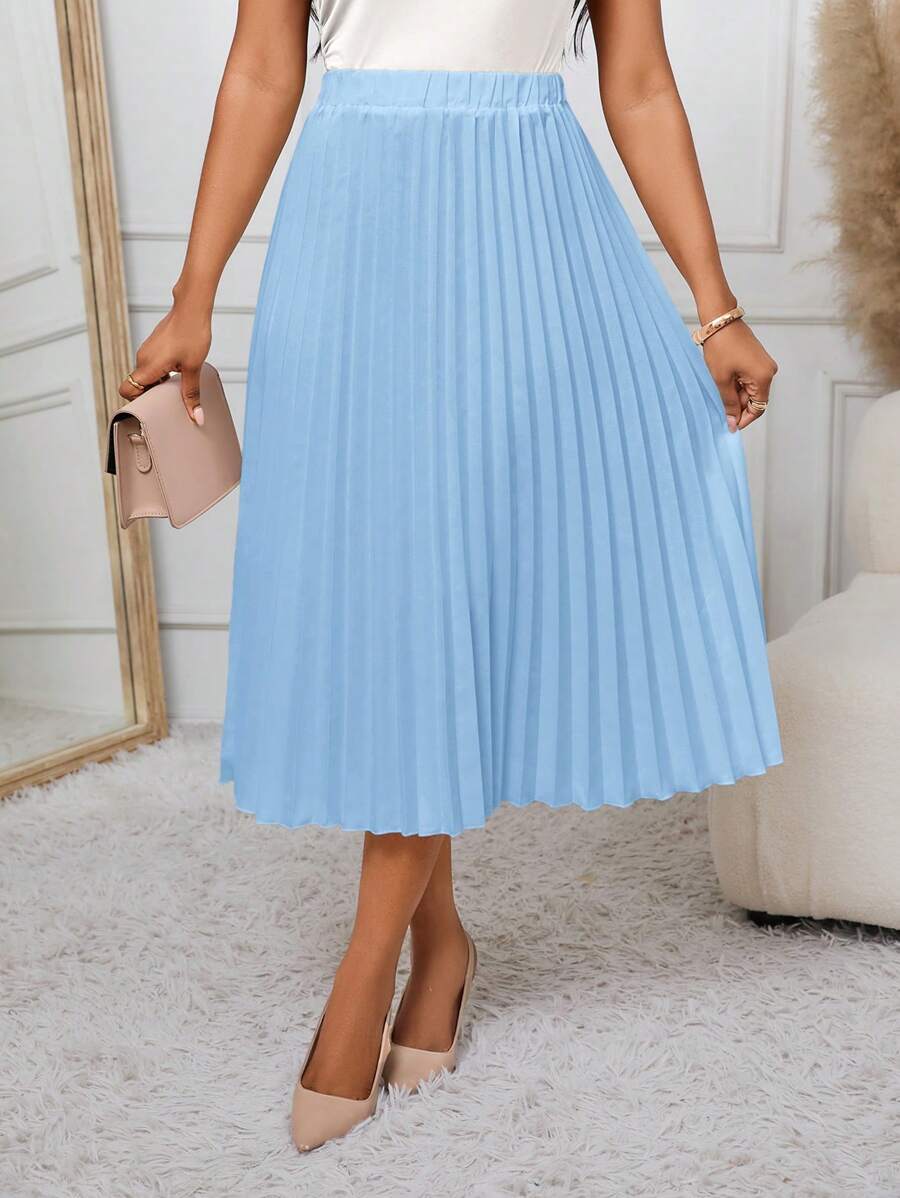 SHEIN Lady Blue Pleated Skirt, Versatile For Work & Parties - Baby Blue - View 1