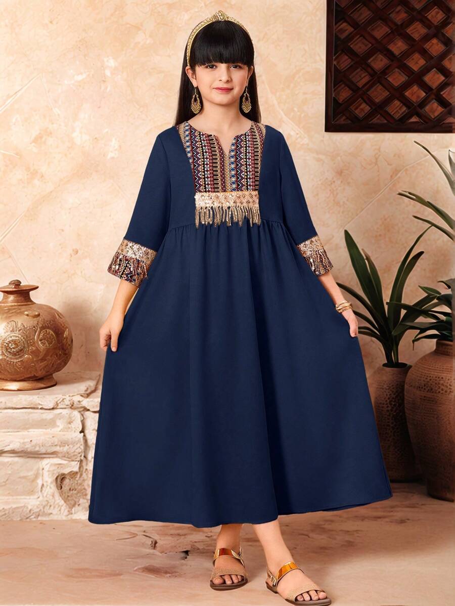 SHEIN Tween Girls' Vacation Pieced Floral Retro Pattern Trimming 3/4 Sleeve Dress, Arabian Dress - Navy Blue - View 1