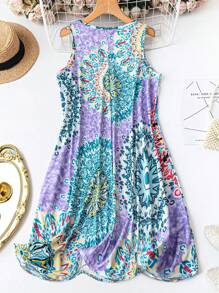 SHEIN LUNE Plus Size Women Floral Print V-Neck Casual Cami Dress For Vacation - Purple - View 2