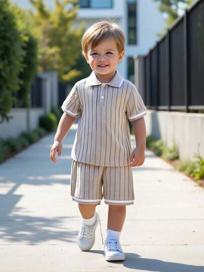 SHEIN Young Boys' Patchwork Decor Ribbed Knit Sweater And Shorts Set, School, Campus, College