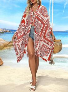 Swim Lushoire Geometric Retro Pattern Reversible Women Chiffon Beach Vacation Cover Up For Summer - Red - View 6