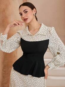 Graceveil Vestido con cuello de camisa y mangas abullonadas con estampado de diseño para mujer - Albaricoque - Ver 3