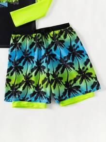 Tween Boy badmodetop met ronde kraag, lange mouwen en all-over print + zwembroekset
