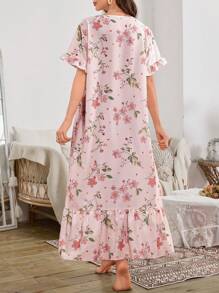 SHEIN Bubble Ruffle Hem Floral Print Long Nightgown Babydoll Luxeloungewear, Moo Moo - Multicolor - View 2