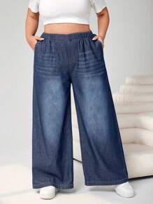 SHEIN CURVE+ Jeans oversize da donna con vita con laccetto, gamba ampia e leggeri