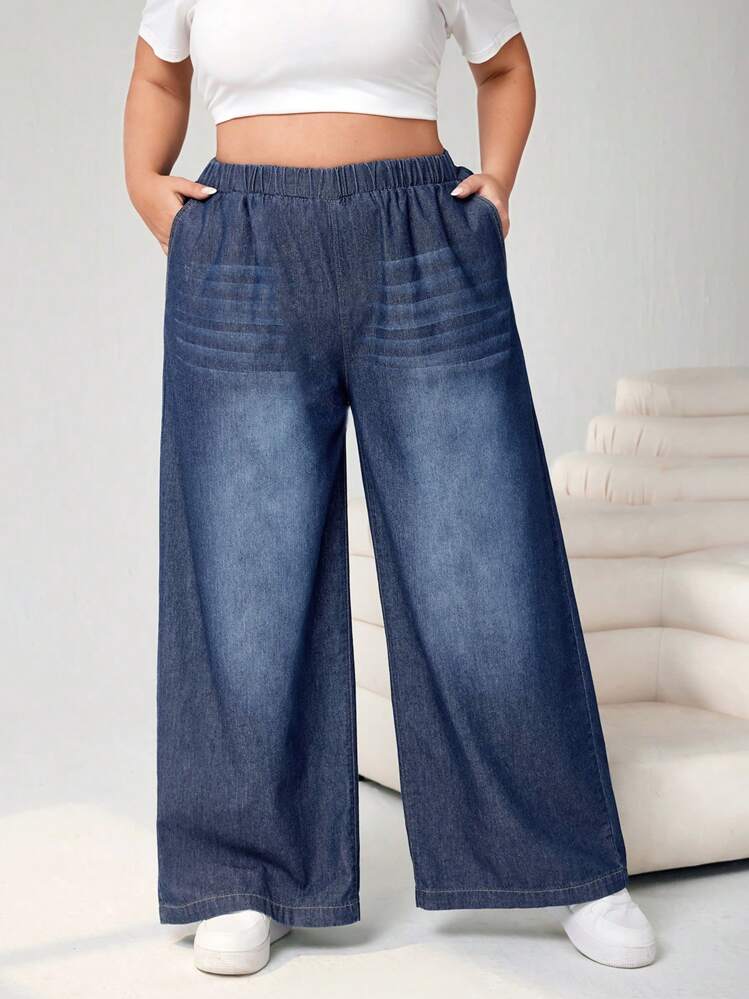 SHEIN CURVE+ Plus Size Women's Light-Weight Loose Drawstring Waist Wide Leg Jeans - Dark Wash - View 5
