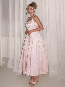 Relinas 早春新款女士方领蝴蝶结后绑带泡泡袖休闲派对中长连衣裙