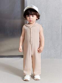 米色/浅黄色幼儿男女款无袖连帽连体裤休闲百搭夏季服装，适合室内和室外 - 杏色 - 查看 3