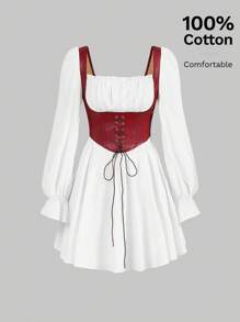 SHEIN MOD Vestido de manga larga con fruncidos en el busto, cordones y volantes en bloques de color negro y blanco - Burdeos - Ver 3