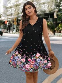SHEIN LUNE 大码女式花卉印花 V 领无袖宽松休闲连衣裙夏季 - 黑色 - 查看 3