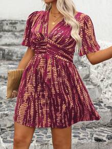 EMERY ROSE Plus Size V-Neck Short Sleeve Minimalist Casual Dress - Red Violet - View 6