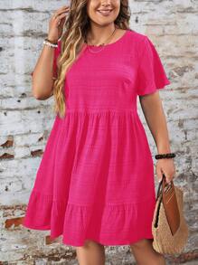 SHEIN LUNE Plus Size Solid Color Round Neck Short Sleeve Casual Loose Mini Dress Western Wear Women Festival Boho Hippie Cowgirl Outfit Old Money Bohemian For Summer