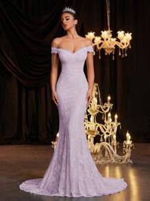 Glamrae Elegant Luxurious Off Shoulder Flared Elastic Lace Sexy Sheer Backless Mermaid Hem Maxi Dress, Suitable For Wedding, Party, Holiday, Graduation Season, Bride - Mauve Purple - View 7