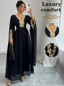 Rafferiza 女士优雅 V 领蕾丝腰 A 字型斗篷袖雪纺长裙，阿拉伯长袍时尚，优雅，斋月，日常穿着，长袍，纯色 - 黑色 - 查看 1