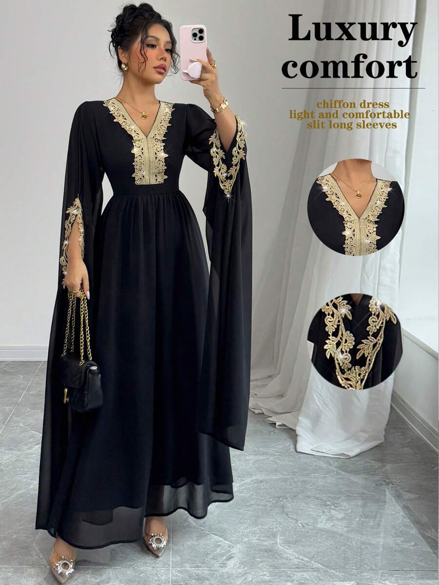 Rafferiza 女士优雅 V 领蕾丝腰 A 字型斗篷袖雪纺长裙，阿拉伯长袍时尚，优雅，斋月，日常穿着，长袍，纯色 - 黑色 - 查看 1