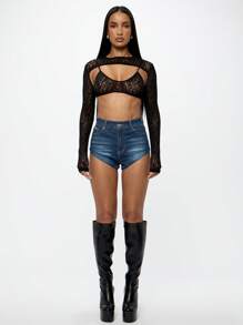 SUMWON WOMEN High Waist Stretch Denim Shorts Mid-Thigh Festival Summer Beach Casual Fitted Jean Shorts Distressed Raw Hem Classic Vacation Spring Break Streetwear - Dark Wash - View 3