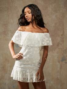 MISSGUIDED Off Shoulder Ruffle Mini Dress Lace Overlay Summer Wedding Guest Special Occasion Party A-Line Dress