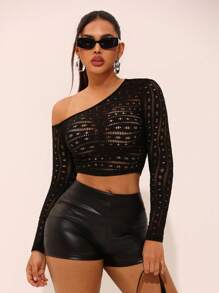 SHEIN SXY Czarny jednolity kolor seksowny asymetryczny jednoramienny wycięty dopasowany top, uniwersalny strój na dzień, wieczorne wyjście, randki, spotkania, imprezy, klubowanie, festiwal muzyczny - Czarne - Zobacz 3