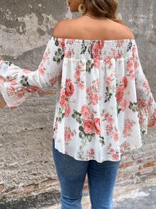 SHEIN Clasi Plus Size Women's Casual Holiday Bohemian Style Floral Print Chiffon Cold Shoulder Blouse, Spring/Summer - White - View 2