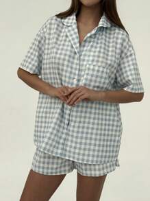 Aloruh Set de 2 piezas de shorts y camisa de manga corta a juego con estampado a cuadros, cómodos para el hogar