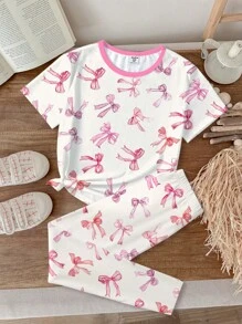 SHEIN Tween Girls 可爱手绘粉色蝴蝶结印花紧身睡衣套装，休闲舒适，适合春夏季