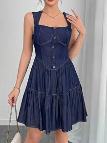 SHEIN Unity Casual Denim Effect Cinched Waist Sleeveless Dress - Blue - View 1
