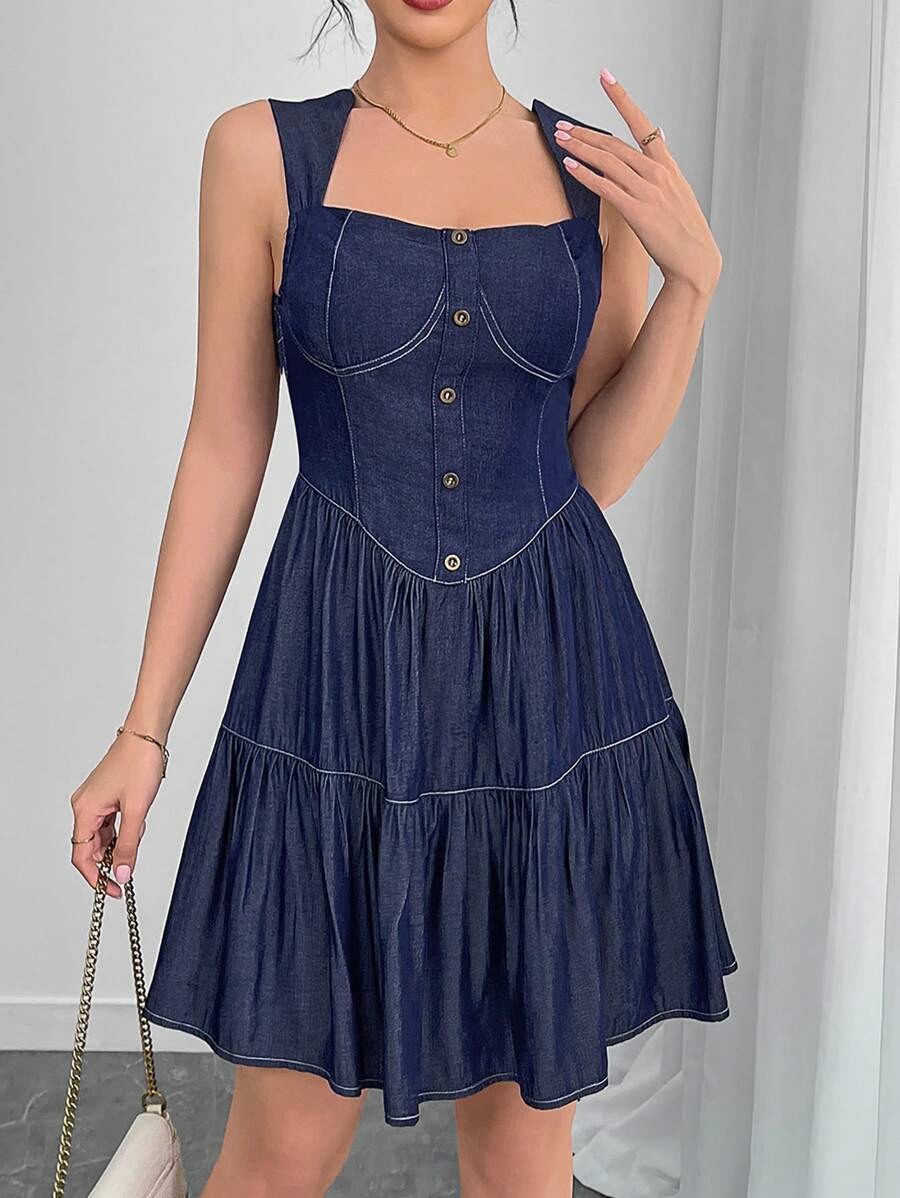 SHEIN Unity Casual Denim Effect Cinched Waist Sleeveless Dress - Blue - View 1