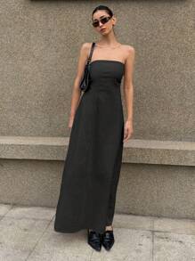 Livesso Đầm không tay màu trơn, đầm dài thanh lịch cho kỳ nghỉ hè của nữ, đầm maxi vải lanh mùa xuân và hè. - màu đen - Xem 4