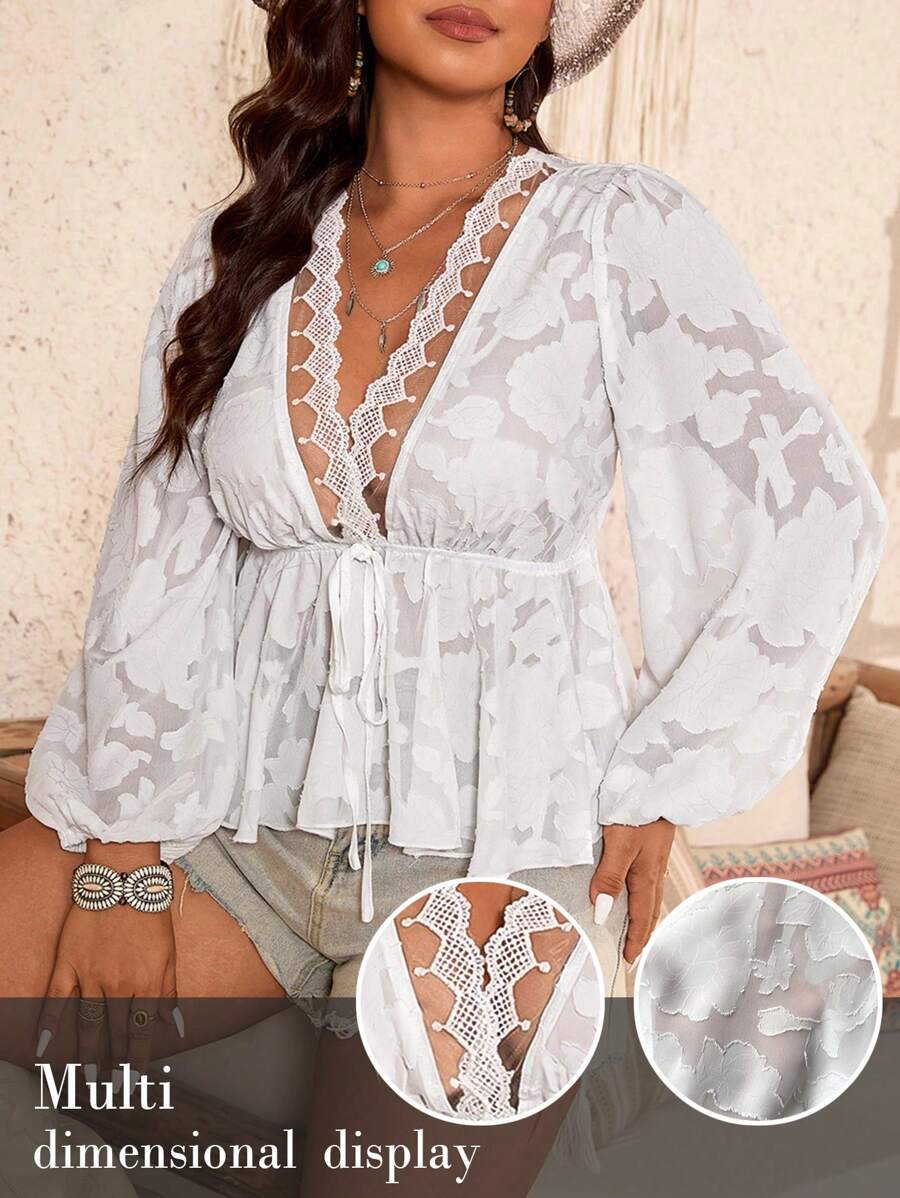 Breezaya Modische lässige minimalistische Bluse mit V-Ausschnitt, Spitze-Patchwork, taillengerafft, Langarm, vielseitig einsetzbar, weiß