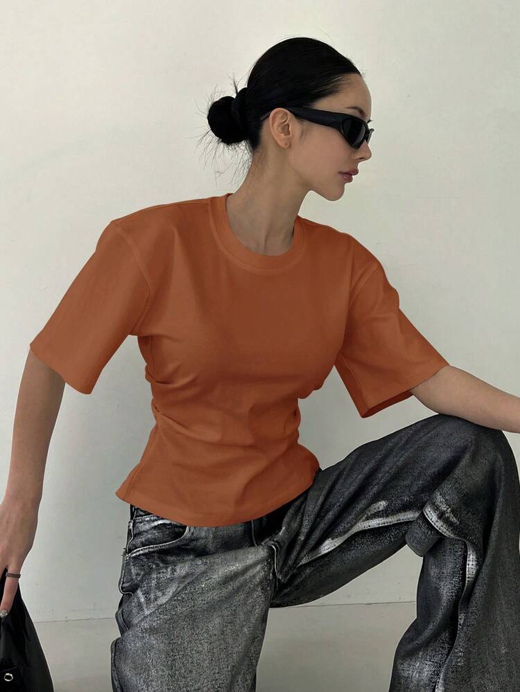 Women's Solid Color Short Sleeve T-Shirt, Minimalist & Fashionable, Suitable For Summer,Back To School Clothes