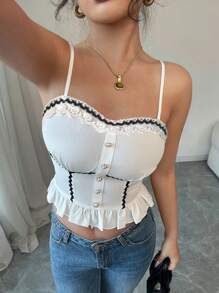 Selianne Women Vacation Casual Ruffle Trim Pearl Button Camisole Top With Slim Fit Ruffle Hem, Black - White - View 3