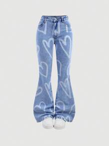 SHEIN Teen Girls' Y2K Light Washed Heart Print High Stretchy Low Rised Denim Flare Jeans,Girls Summer Beach Boho Holiday,Concert Rave Festival Graduation Outfits