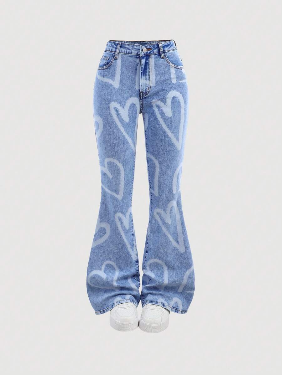 SHEIN Teen Girls' Y2K Light Washed Heart Print High Stretchy Low Rised Denim Flare Jeans,Girls Summer Beach Boho Holiday,Concert Rave Festival Graduation Outfits