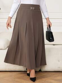 Modelyn Plus Size Solid Color Pleated Long Skirt - Coffee Brown - View 5