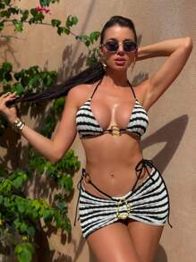 Bonvoyette 3pcs Women Spring Break Solid Color Textured Fabric Metal Decor Bikini Set For Summer Beach Vacation - Black and White - View 1