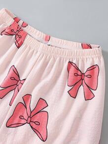 Spring Girls' Floral Knitted Cardigan With Pockets & Rompers Two Pieces Outfit, Casual Loungewear,Summer,Travel - Baby Pink - View 3