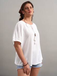 SHEIN VCAY 大码蝙蝠袖系带流苏衬衫夏季沙滩装度假女士复活节春季女士圣帕特里克复活节狂欢节优雅休闲西部可爱波西米亚乡村老钱教师早午餐女士热带度假女士伊比沙岛 - 白色 - 查看 5