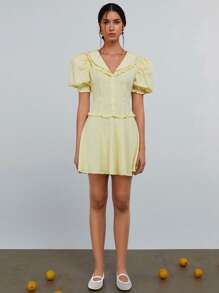 Athîral Women Solid Color Frill Trim Puff Sleeve Single Breasted Fashion Mini Dress,Butter Yellow - Yellow - View 1